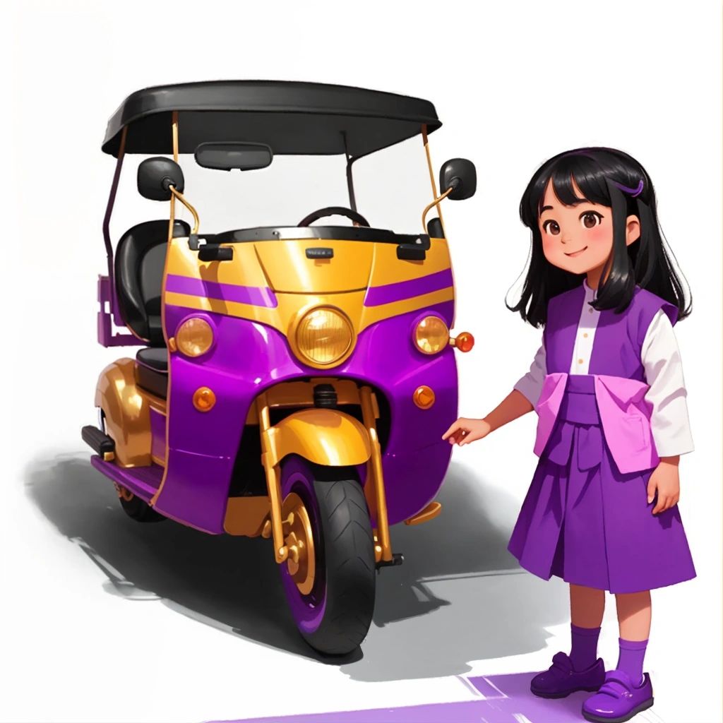 KD standing next to a vibrant purple tuk-tuk with golden wheels, both of them smiling.