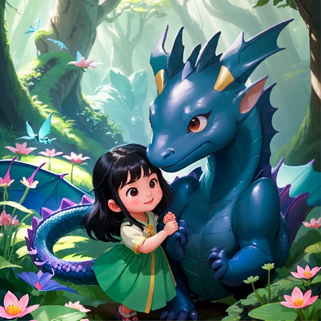 KD and the baby dragon exploring the enchanted forest together, with smiles on their faces."""