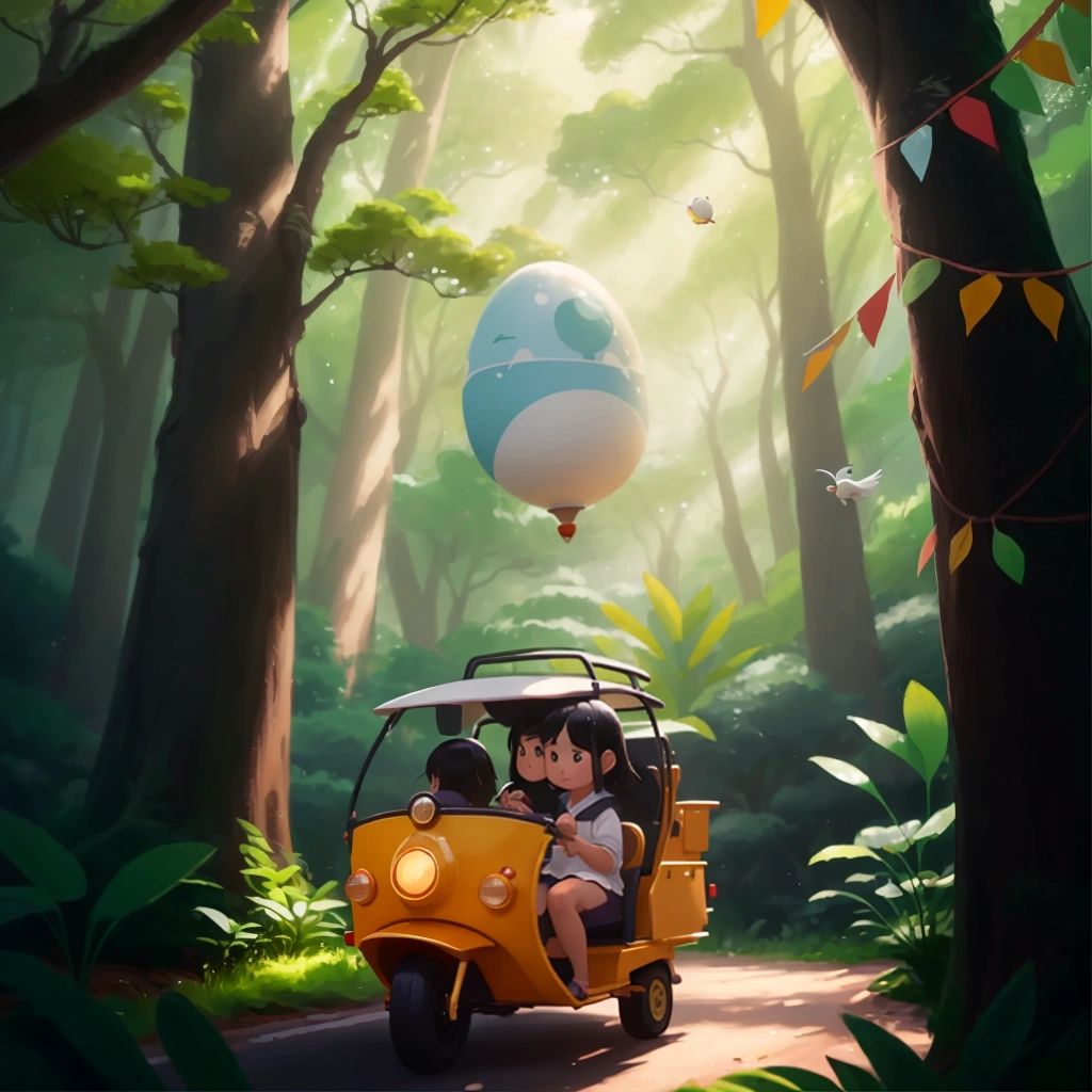 KD and the egg flying through the air in the tuk-tuk, surrounded by tall and majestic trees in the enchanted forest.