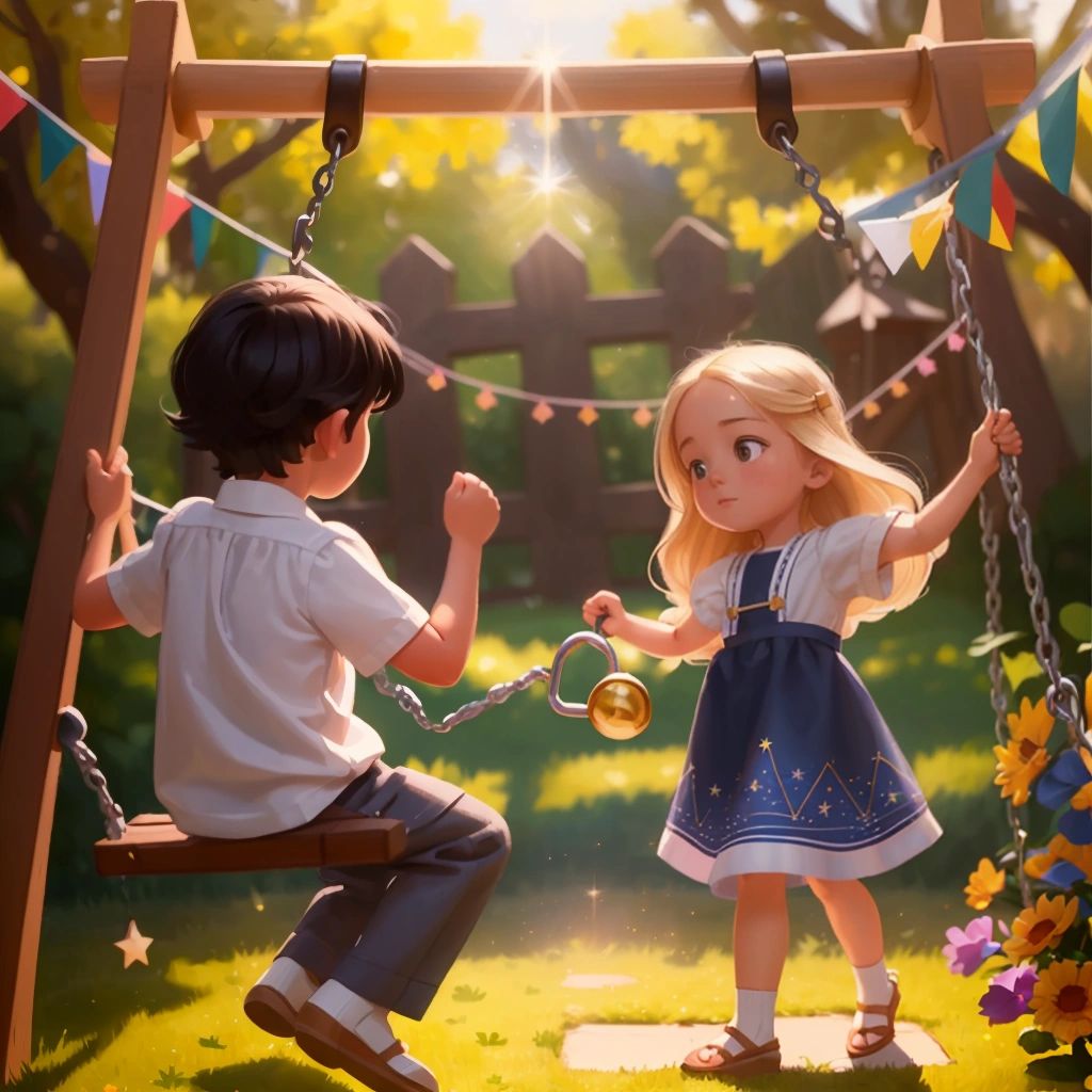 Skylar and Josiah playing in their backyard, with the magical swingset sparkling in the background"""