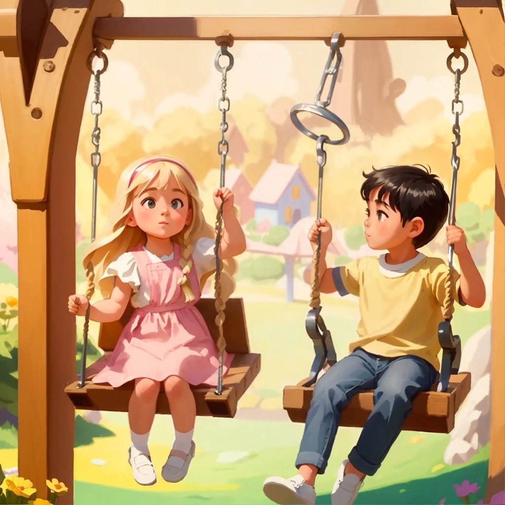 Skylar and Josiah sitting on the swingset, being whisked away to Candyland"""