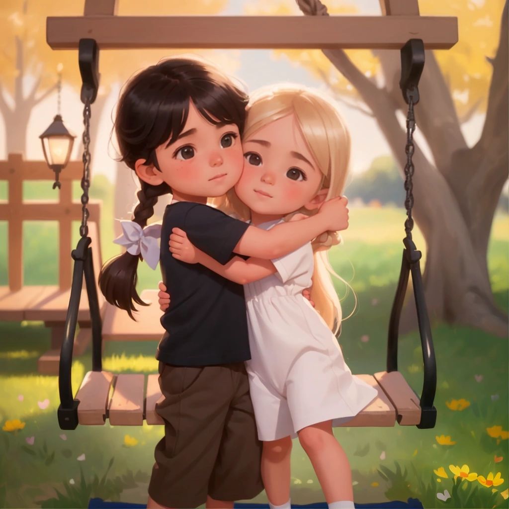 Skylar and Josiah embracing each other in a heartfelt moment of friendship, with the swingset in the background"""