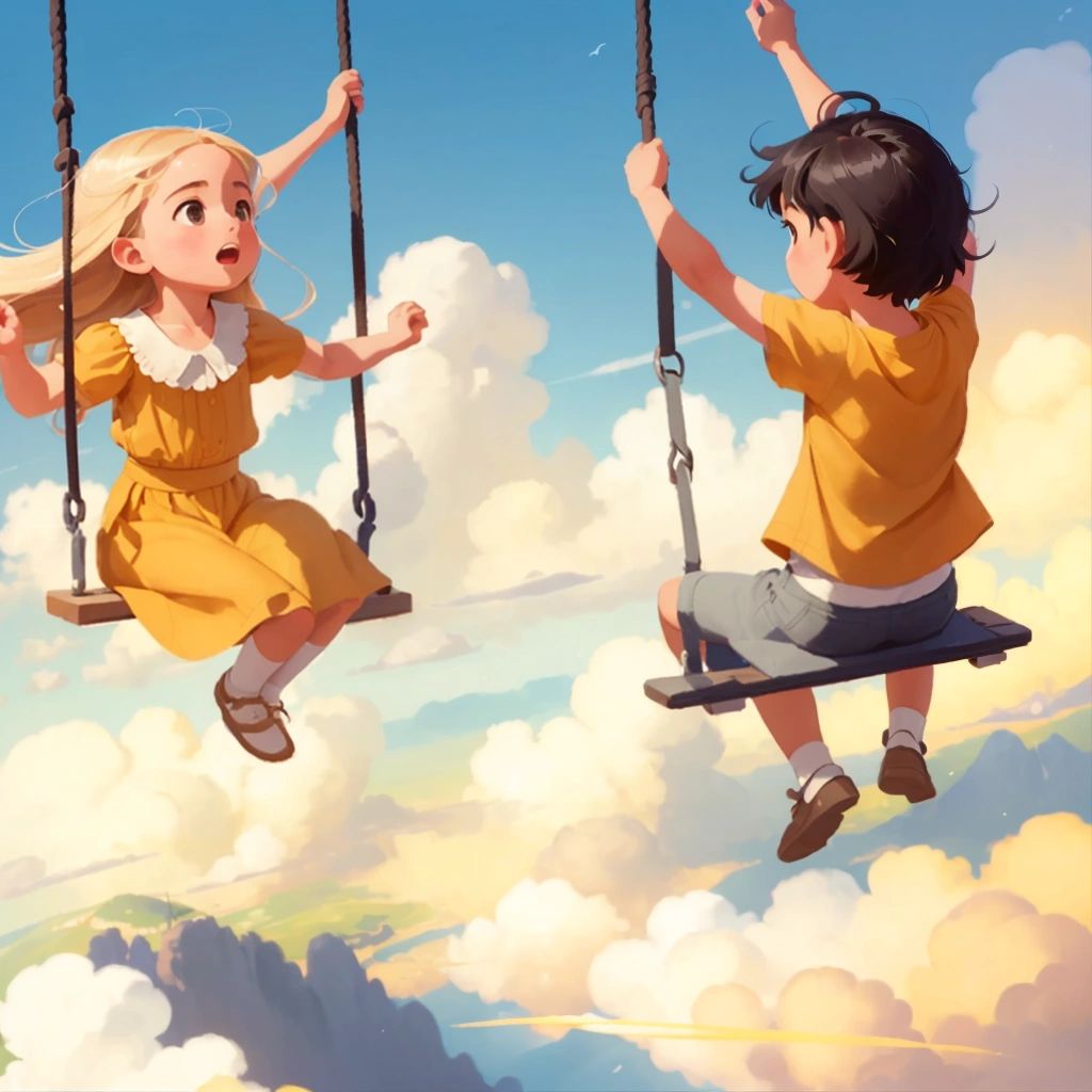 Skylar and Josiah swinging high in the sky, with clouds and a breathtaking view below"""