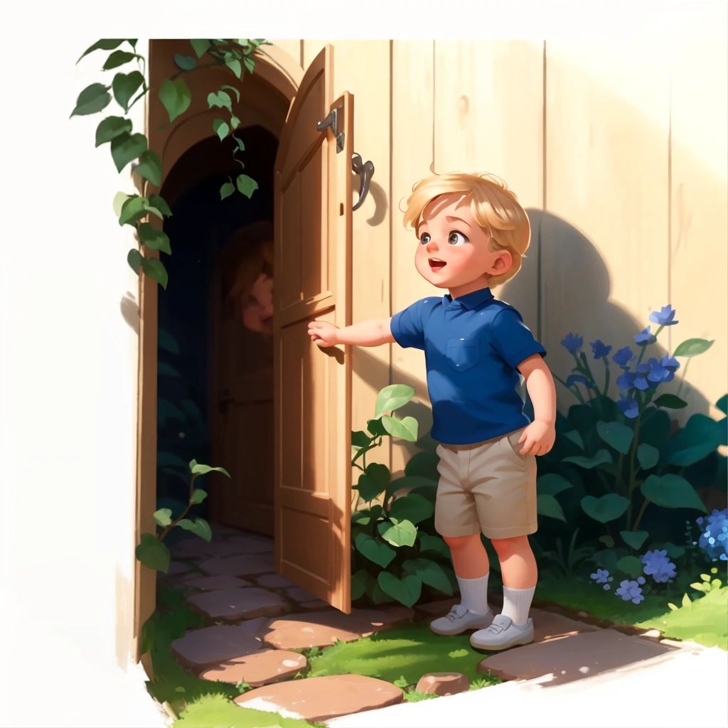 Malakhi discovering the hidden door in the back of the garden, with excitement filling his heart.