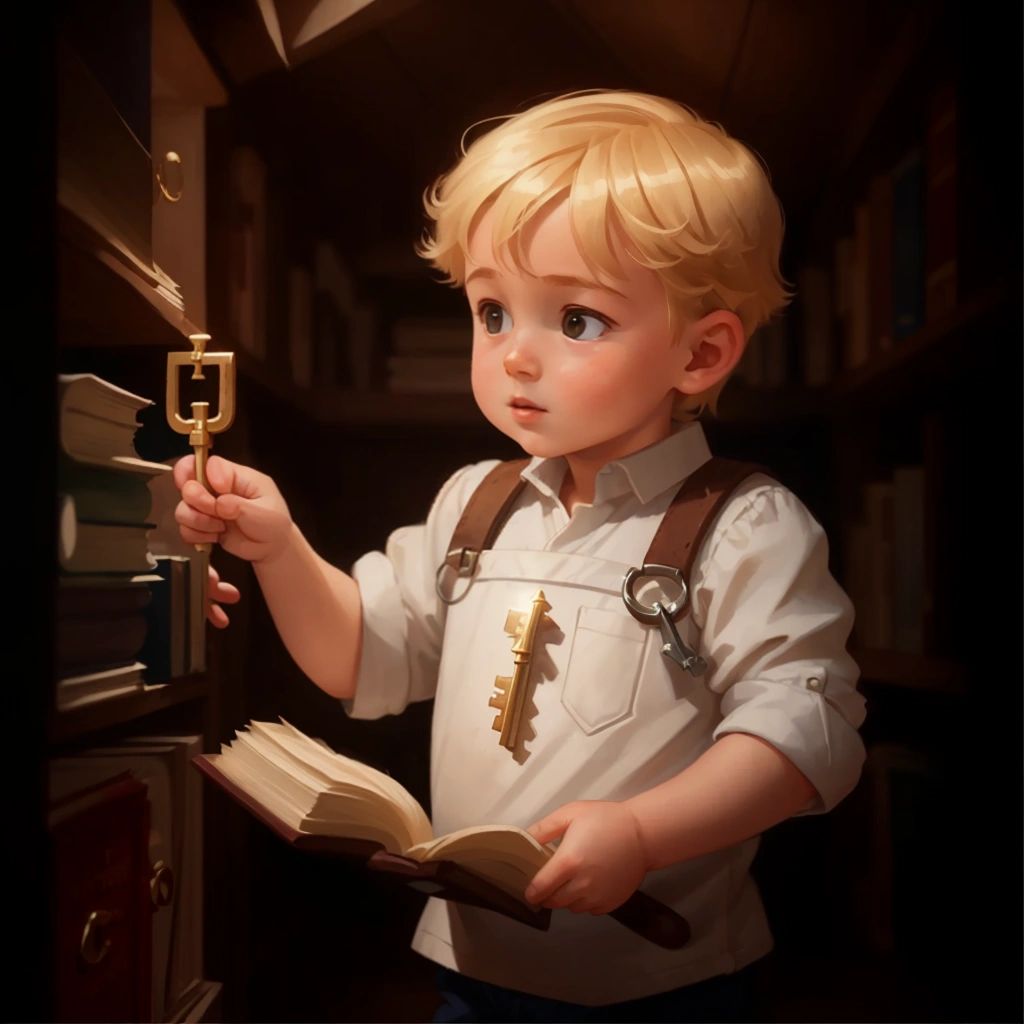 Malakhi holding the dusty old book in the attic, with the mysterious key in his other hand.