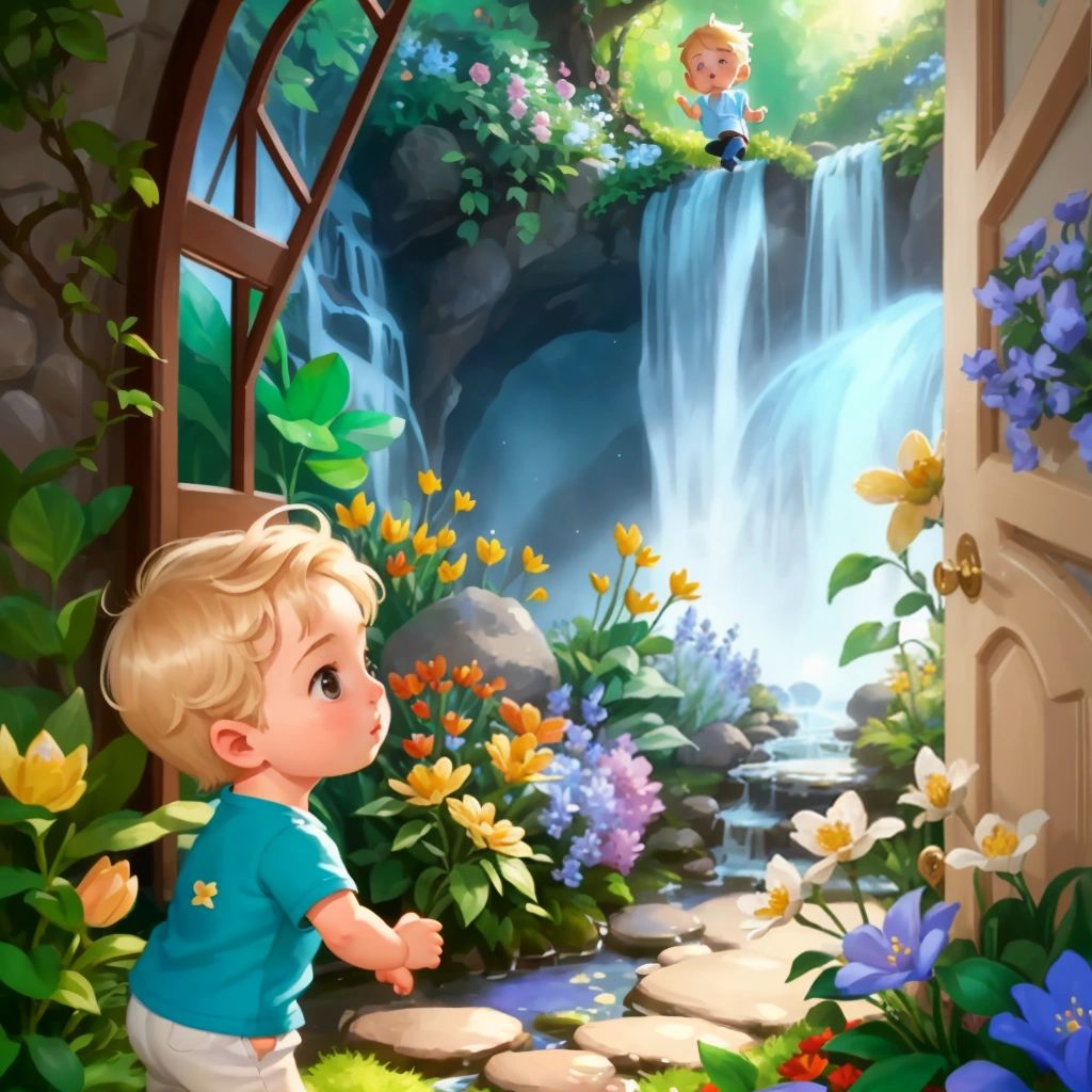 Malakhi opening the door to the enchanted garden, amazed by the vibrant flowers, talking animals, and sparkling waterfalls.