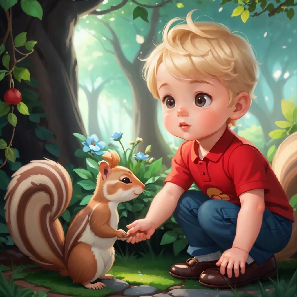 Malakhi meeting Louis, the friendly squirrel, in the enchanted garden.