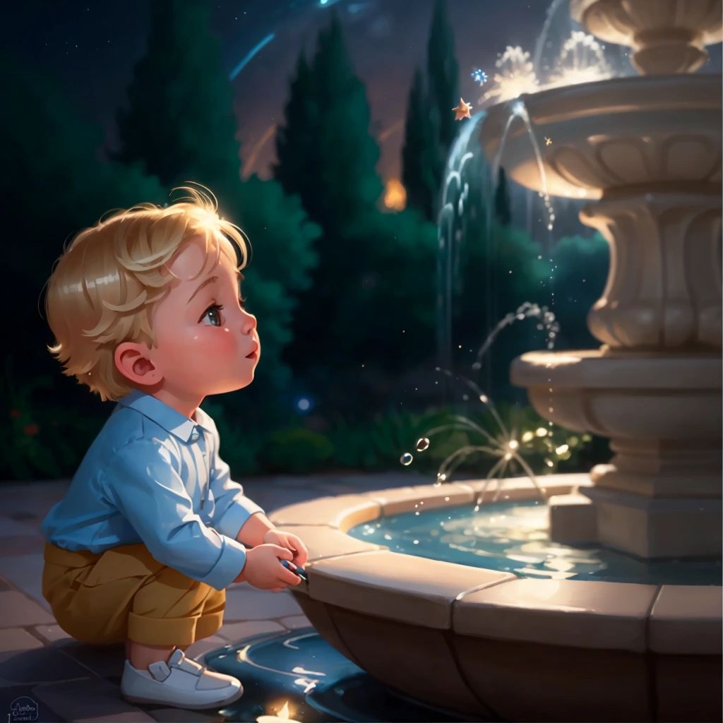 Malakhi making a wish at the magical fountain, watching the sparkling water dance in delight.