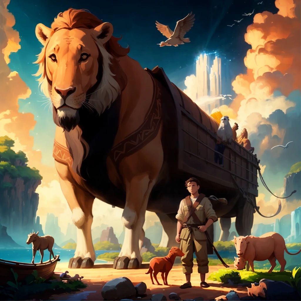 Noah standing next to the ark, with animals gathering around him.