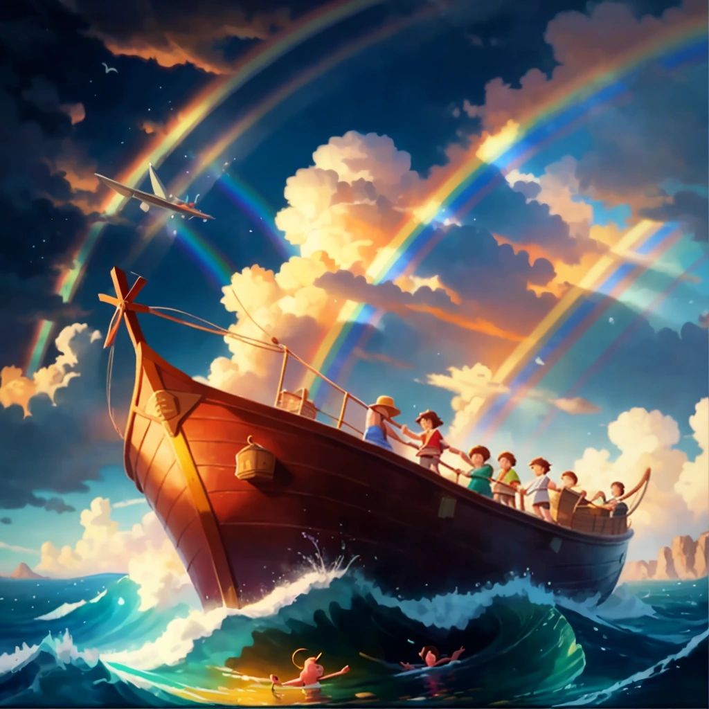 Noah and his family stepping out of the ark onto dry land, with a rainbow in the sky.