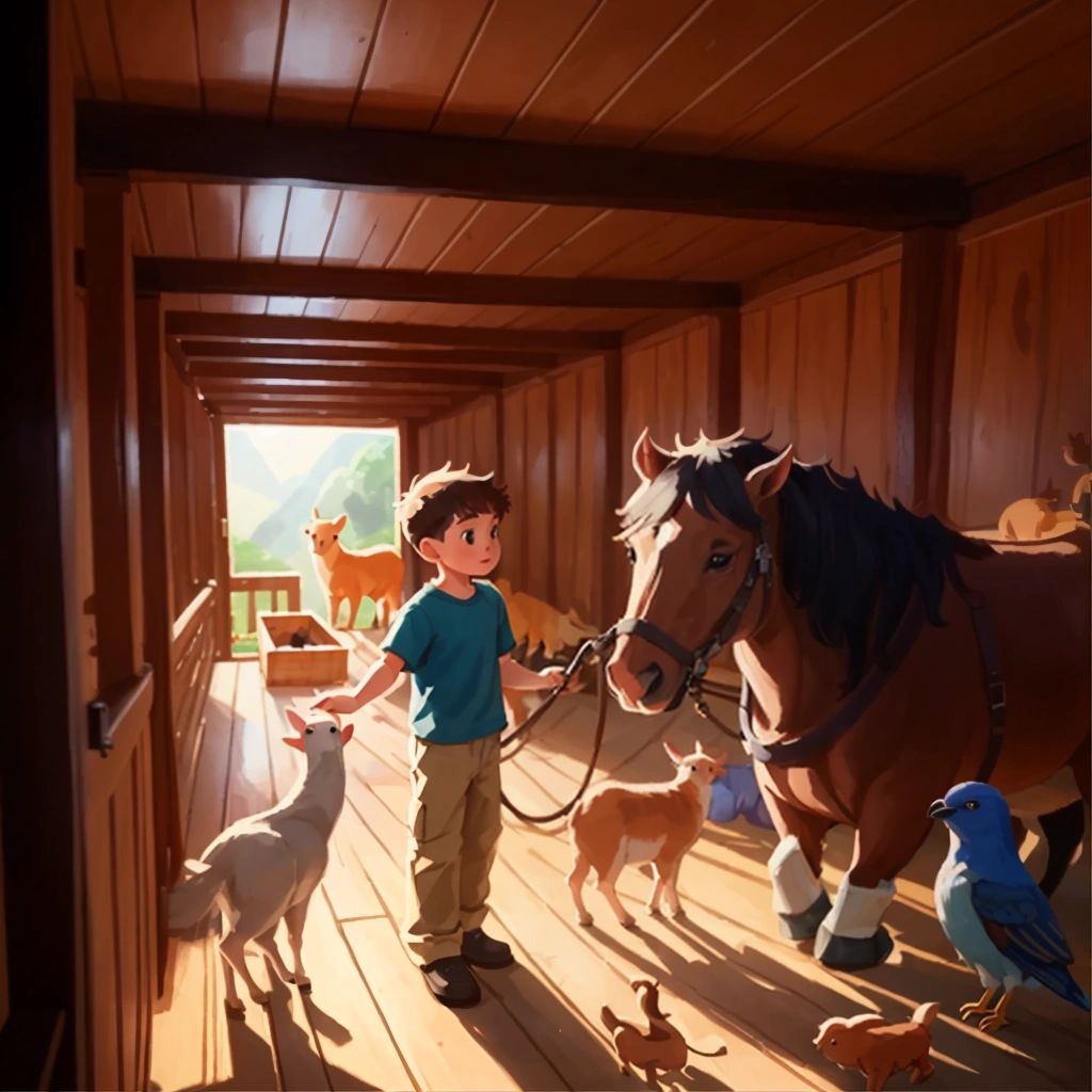 Noah and his family feeding and playing with the animals inside the ark.