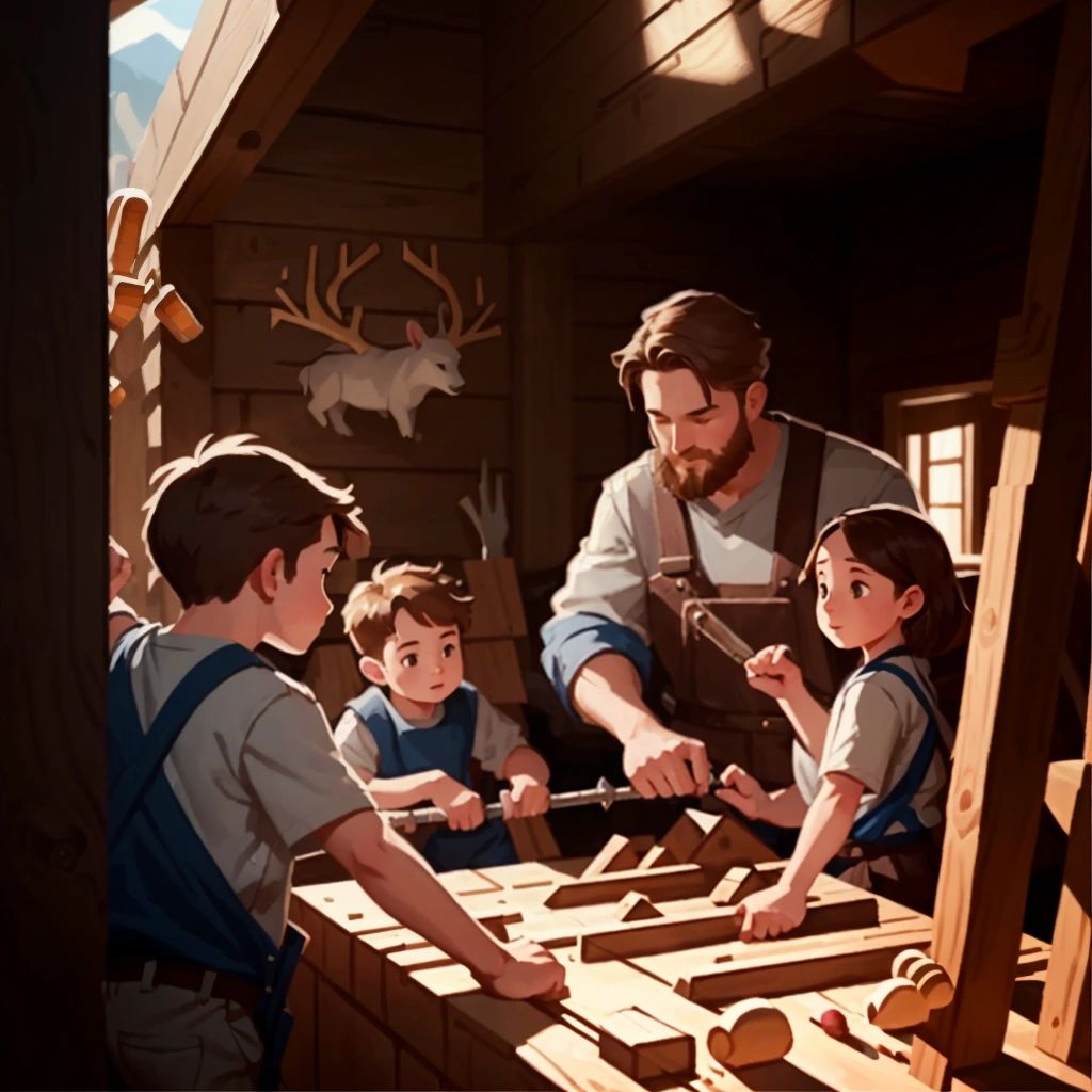 Noah hammering nails into the ark, with his family helping him.