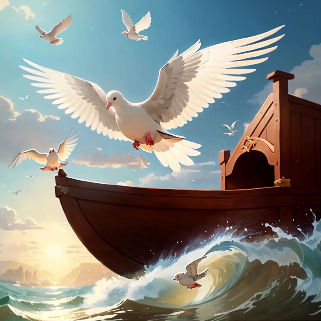 Noah releasing a dove from the ark, with the dove returning with an olive branch.