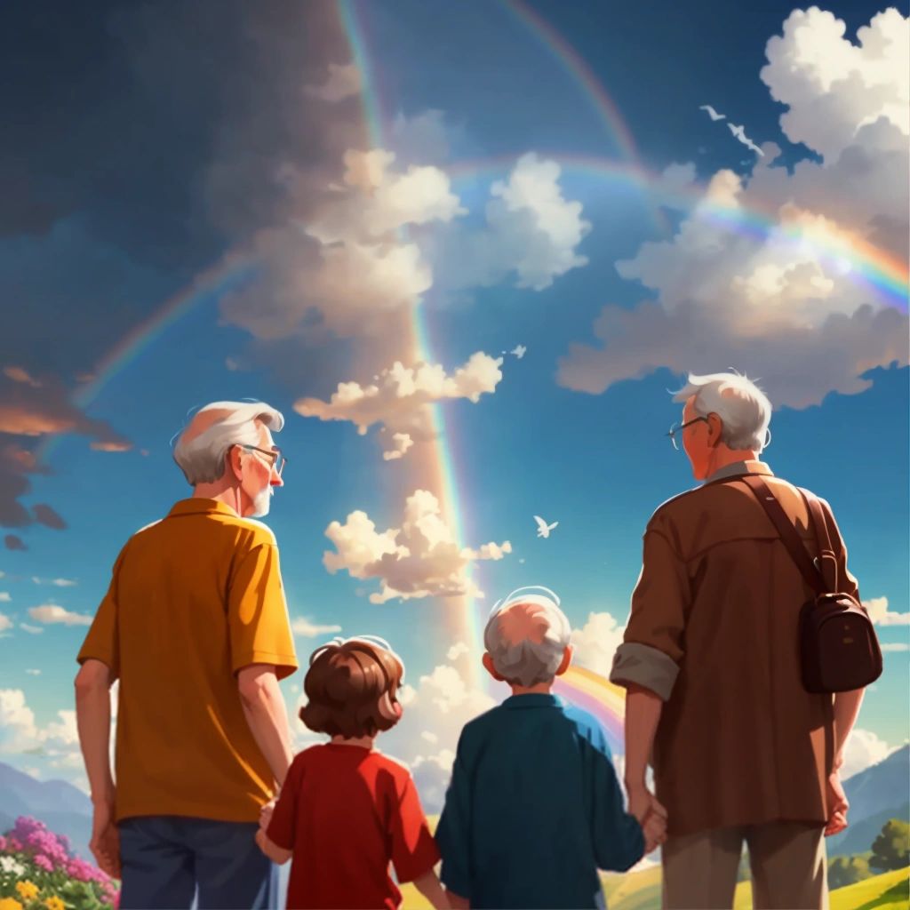 Noah and his family standing under a vibrant rainbow in the sky. They are looking up in wonder and appreciation.