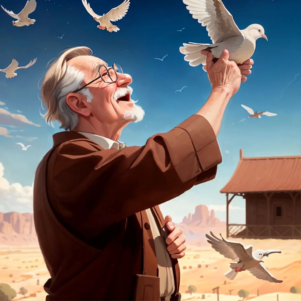 Noah looking up at the sky, with a joyful expression, as the dove flies away into the distance. The ark is in the background, surrounded by dry land.