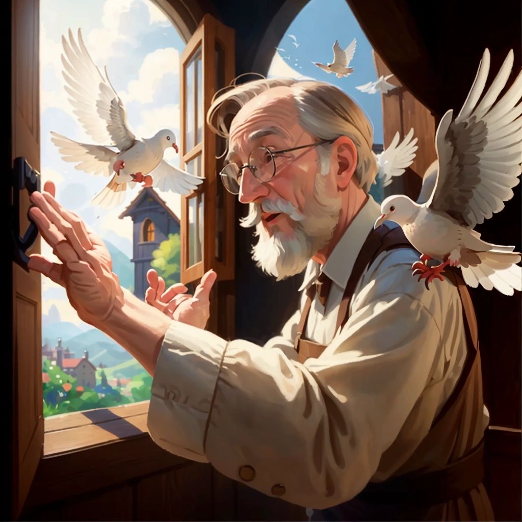 Noah releasing a dove from the ark's window, with a hopeful expression on his face. The dove is flying away into the sky.