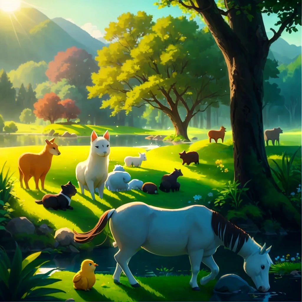 A peaceful and serene landscape, with a bright sun shining down on a lush green earth. Animals of all kinds are peacefully coexisting in harmony.
