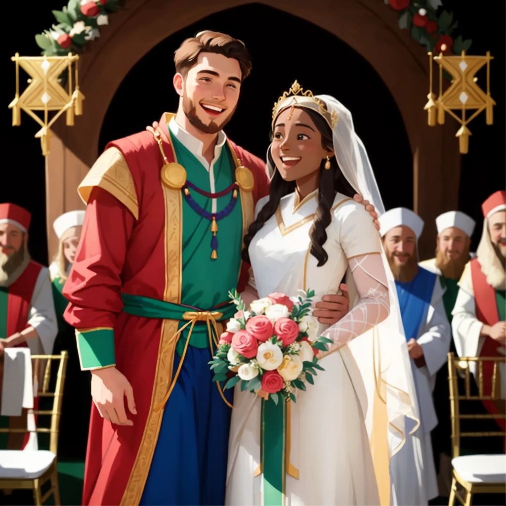 Jethro inviting Moses to a joyous wedding celebration, with Zipporah as the radiant bride.