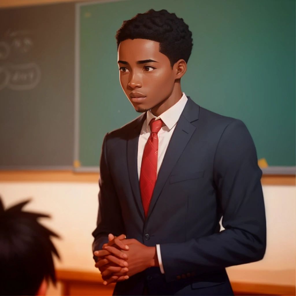 Patrice Lumumba at school, discovering the power of words and eloquent expression, captivating his classmates with his articulate nature and impassioned speeches.