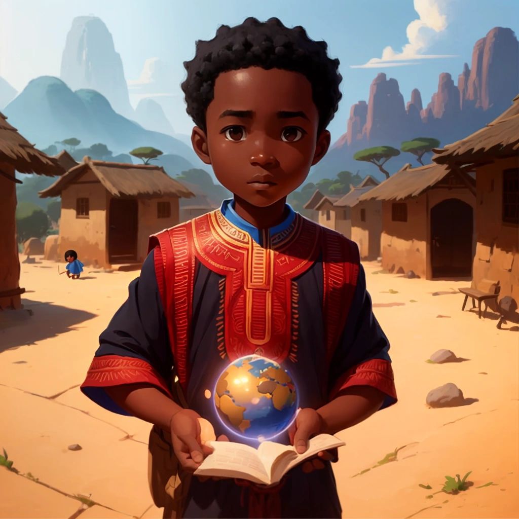 Patrice Lumumba as a curious child, exploring the intricacies of his village and seeking knowledge with insatiable curiosity.