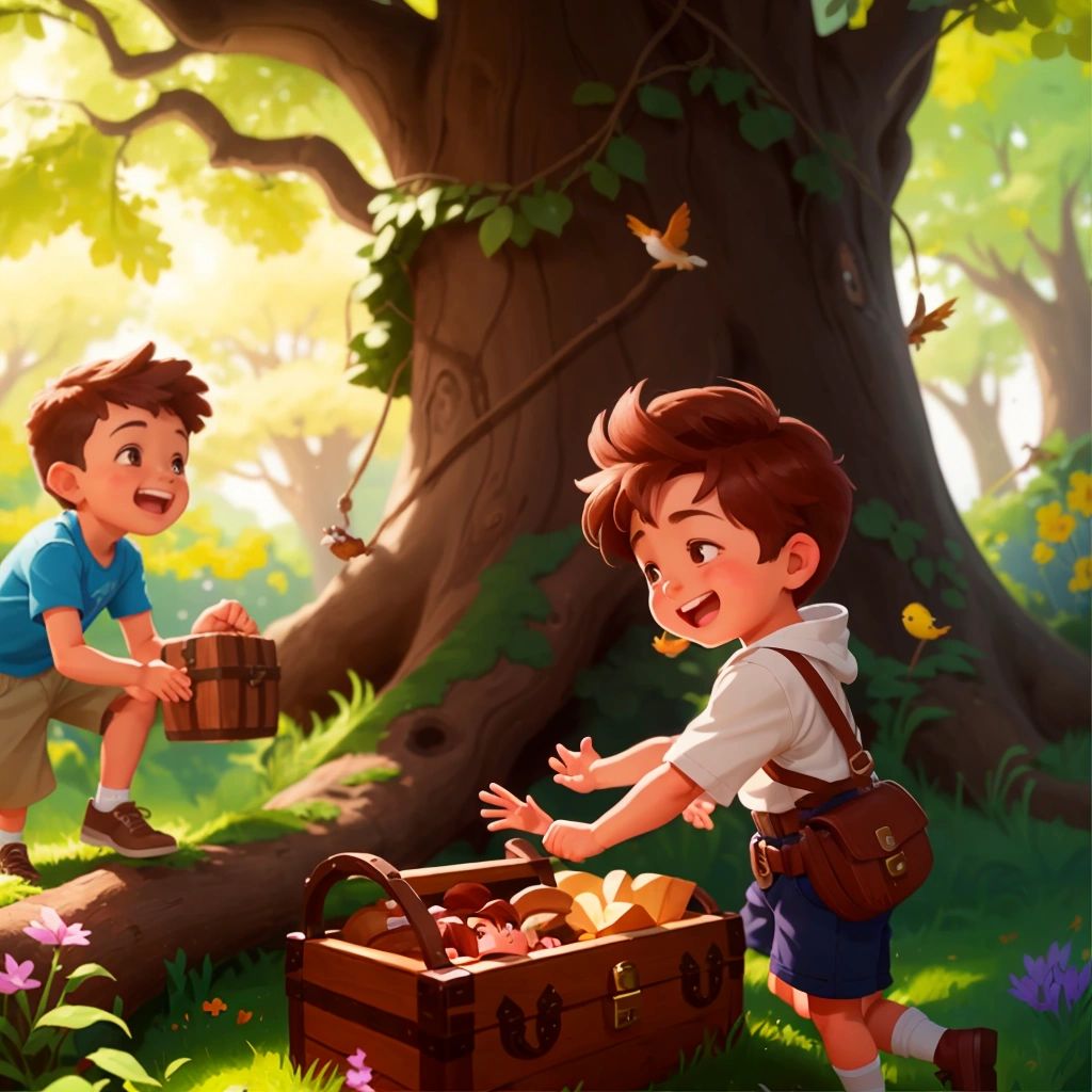 Ollie discovering a hidden treasure chest under a big oak tree"""