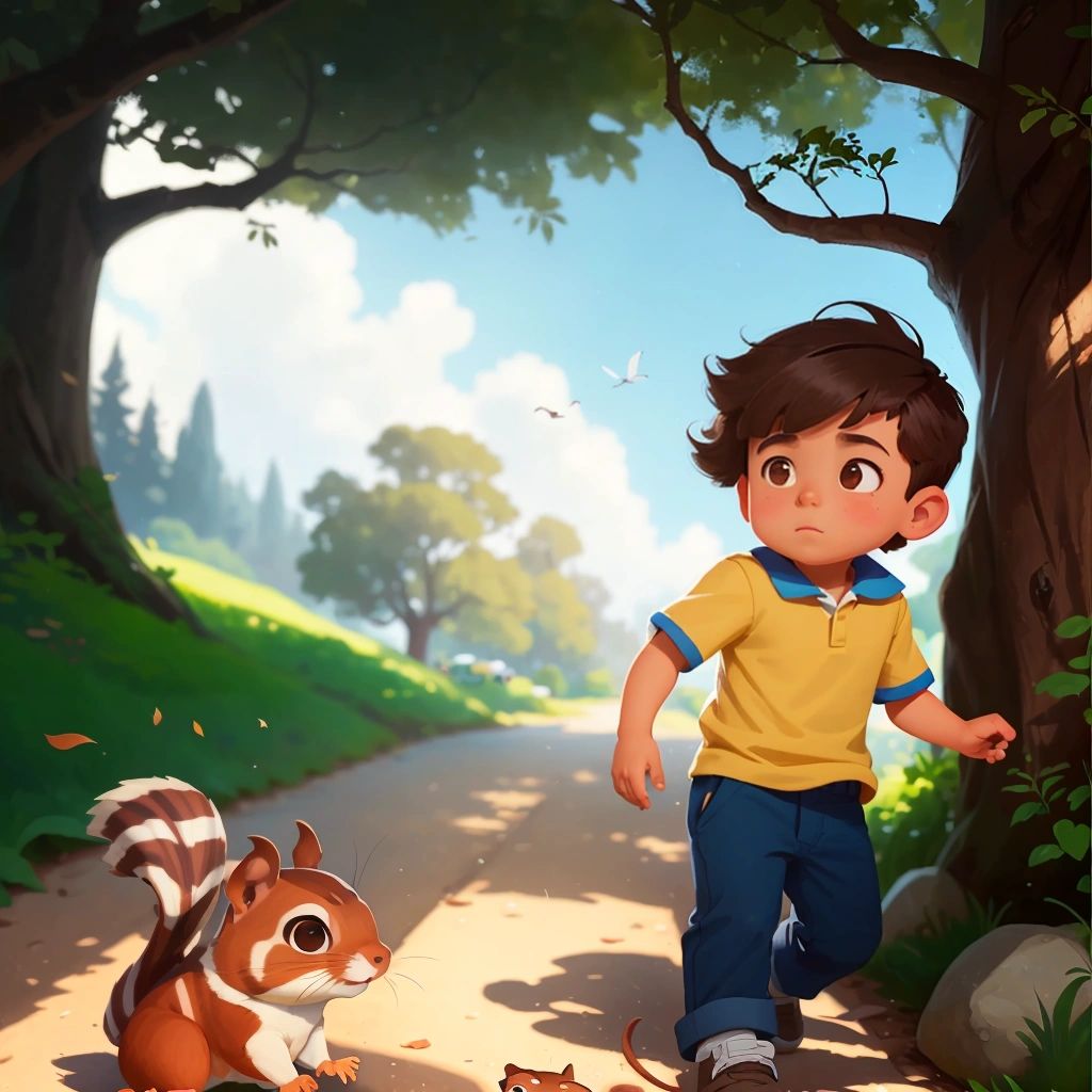 Ollie following a mischievous squirrel towards a hidden path"""