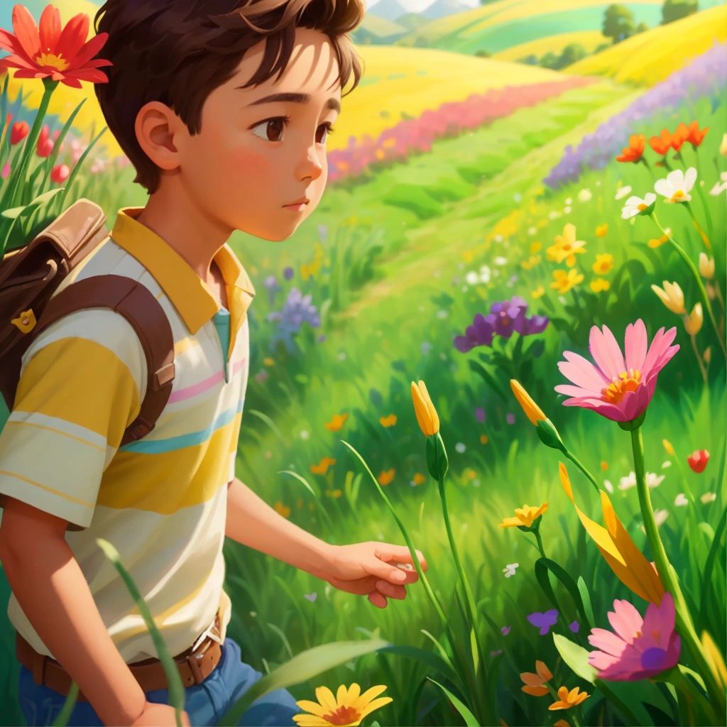 Ollie exploring a magical meadow filled with colorful flowers and tall grass"""