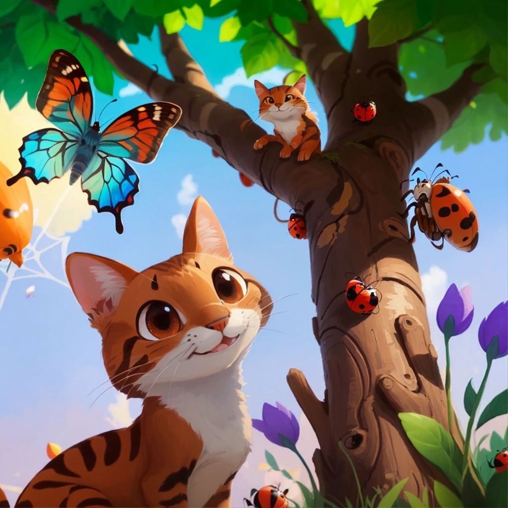 Tom with a smile on his face, surrounded by ladybugs, butterflies, and a friendly spider