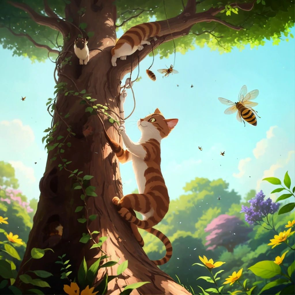 Tom climbing up a tall tree, surrounded by buzzing insects