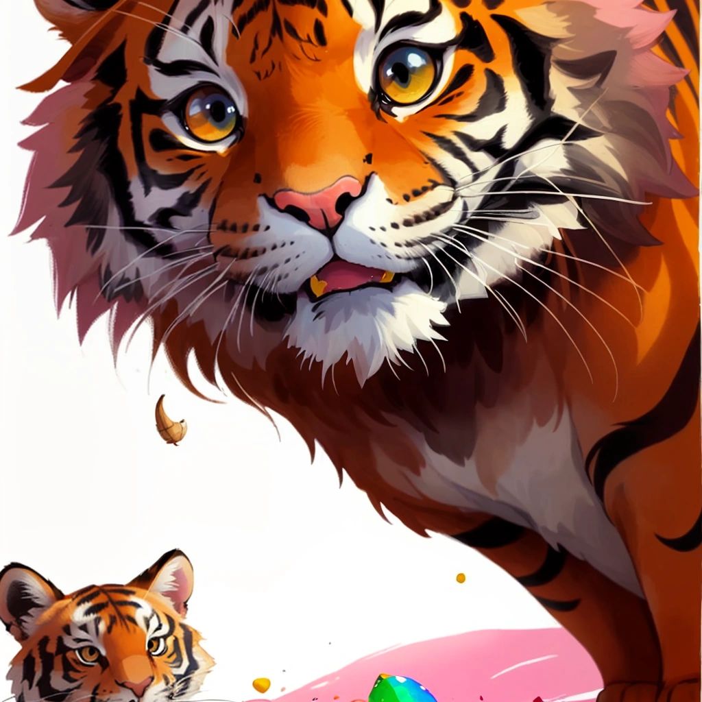 Tom with ink splattered on his little pink nose, tiger in the background