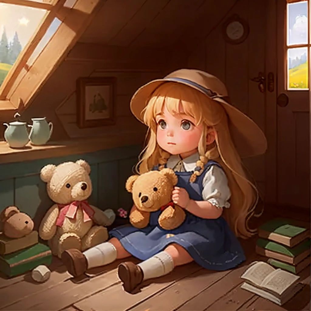 Luna holding a dusty old teddy bear in a cozy little cottage."