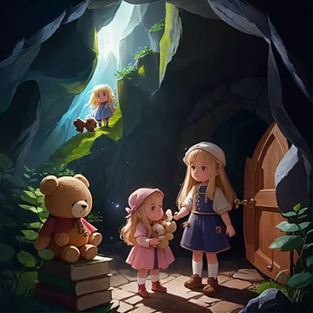 Luna and Teddy holding a key in front of a mysterious door hidden deep within a cave."