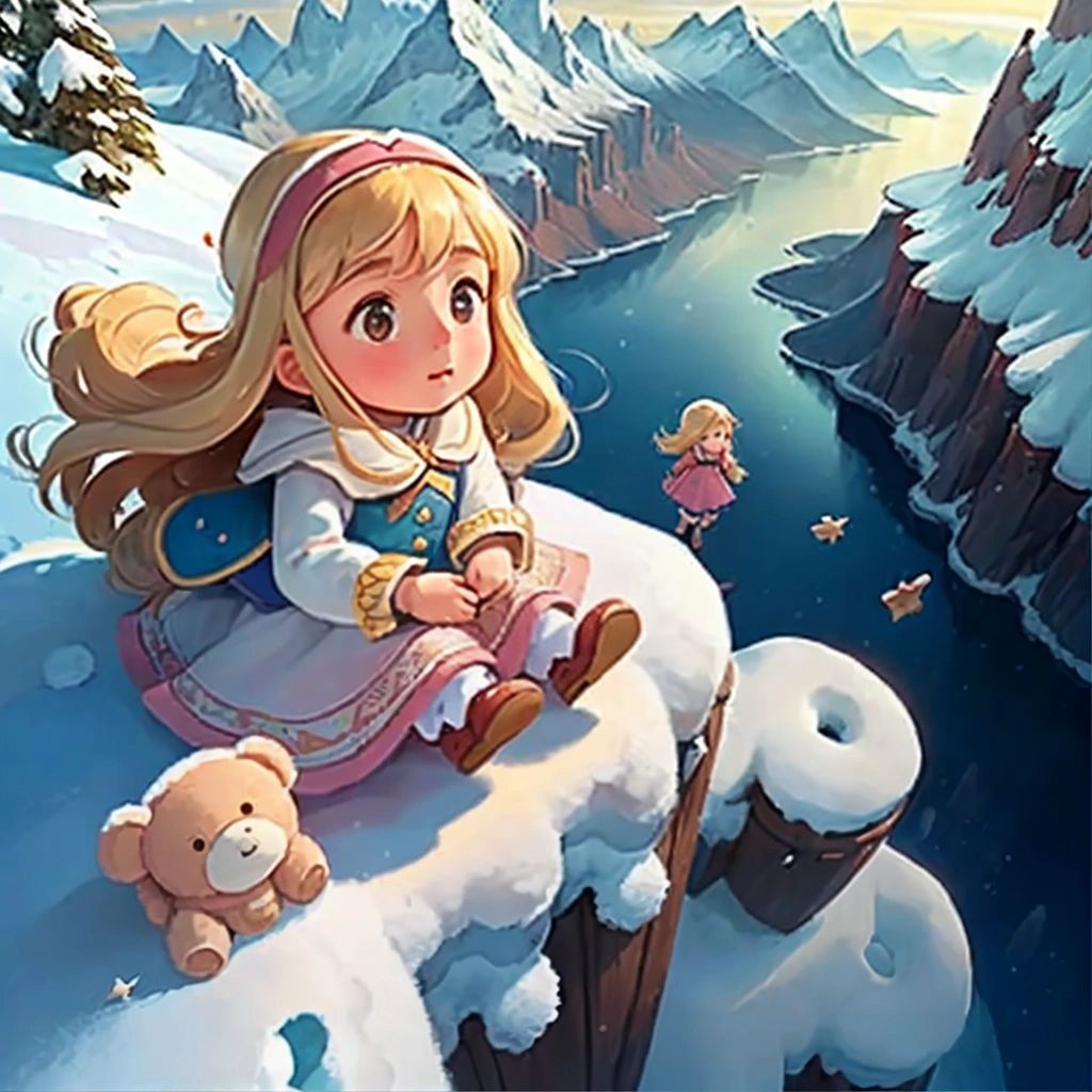 Luna and Teddy flying on a magical carpet over vast oceans and snow-capped mountains."