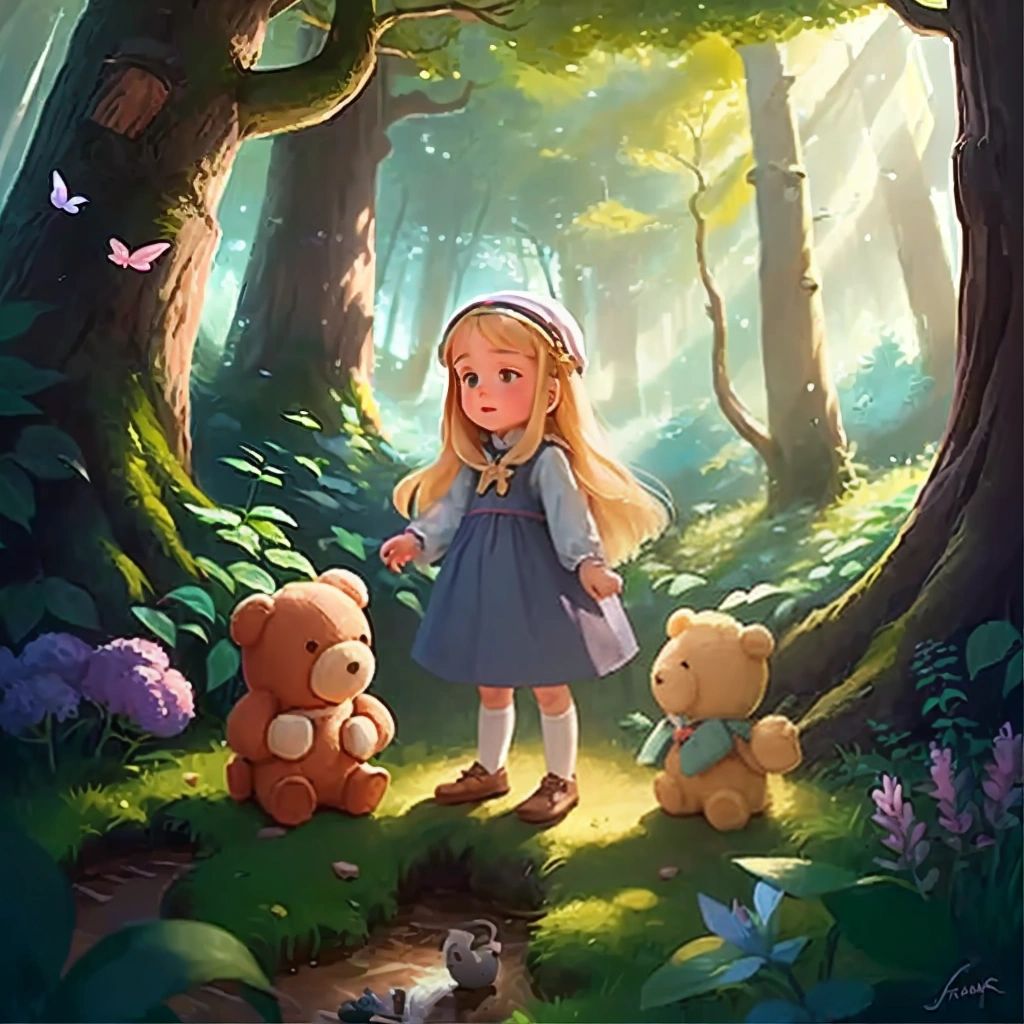 Luna and Teddy surrounded by talking animals in a magical forest."