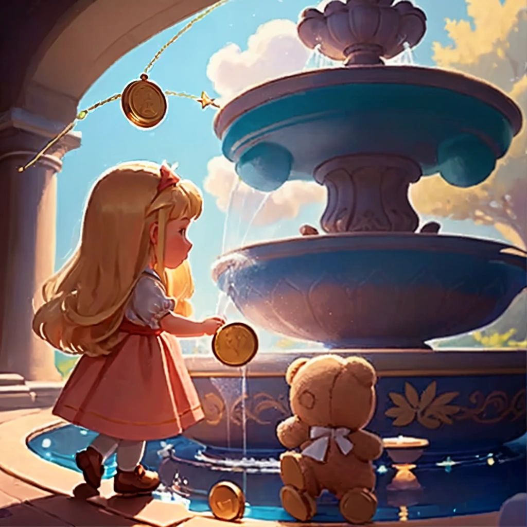 Luna and Teddy tossing a shiny coin into a wish-granting fountain."