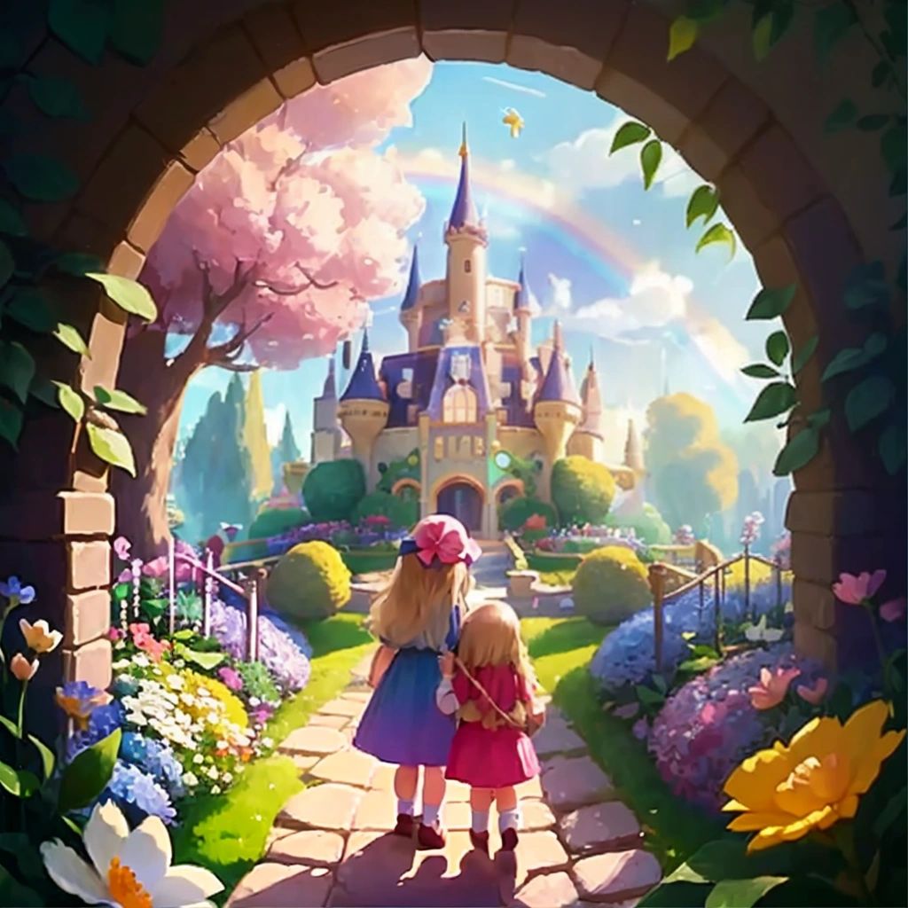 Luna and Teddy exploring a shimmering rainbow castle with talking flowers in a secret garden."