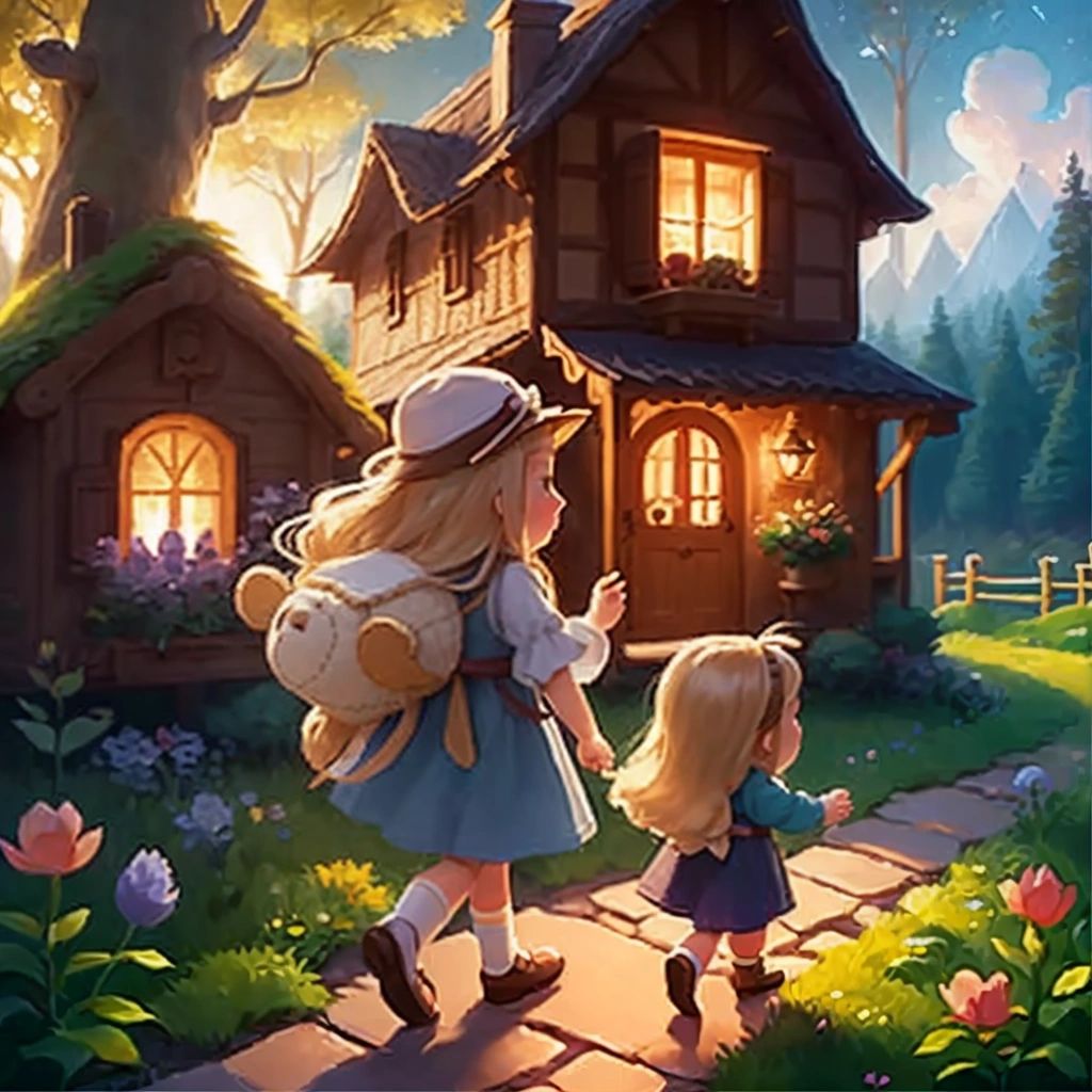 Luna and Teddy waving goodbye to the enchanted world as they walk back to their cozy little cottage."