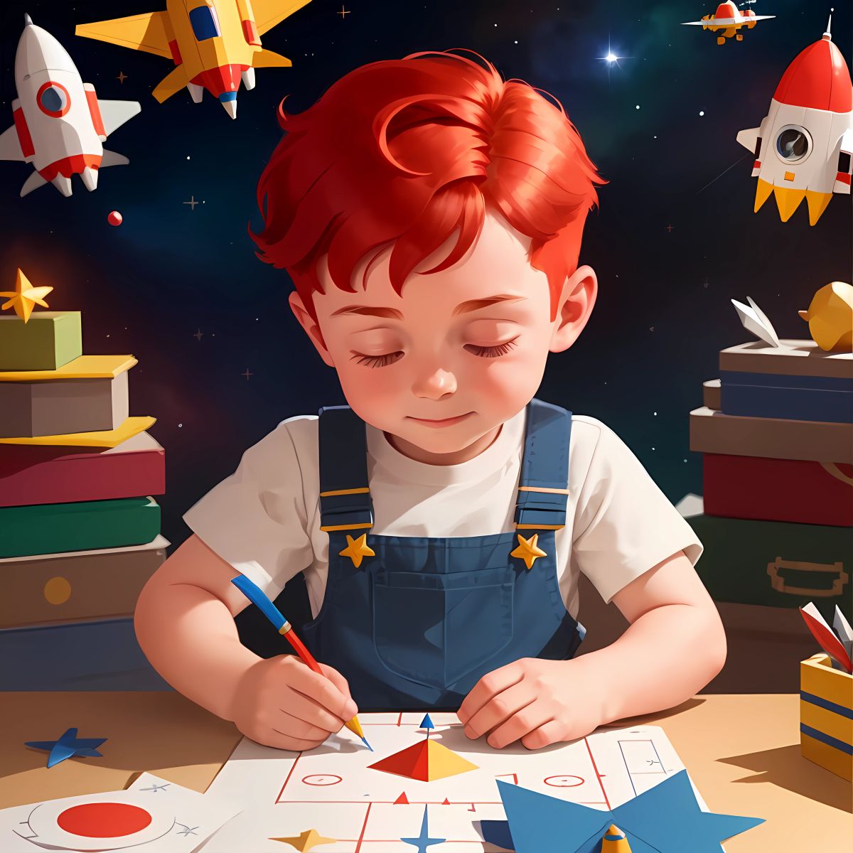 Adam constructing his very own rocket, folding stacks of vibrant, multicolored paper into the intricate shape of a spacecraft, his excitement surging with each fold."