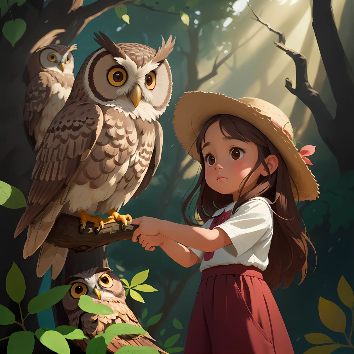 Making New Friends: Julia encountering a wise old owl perched on a branch.