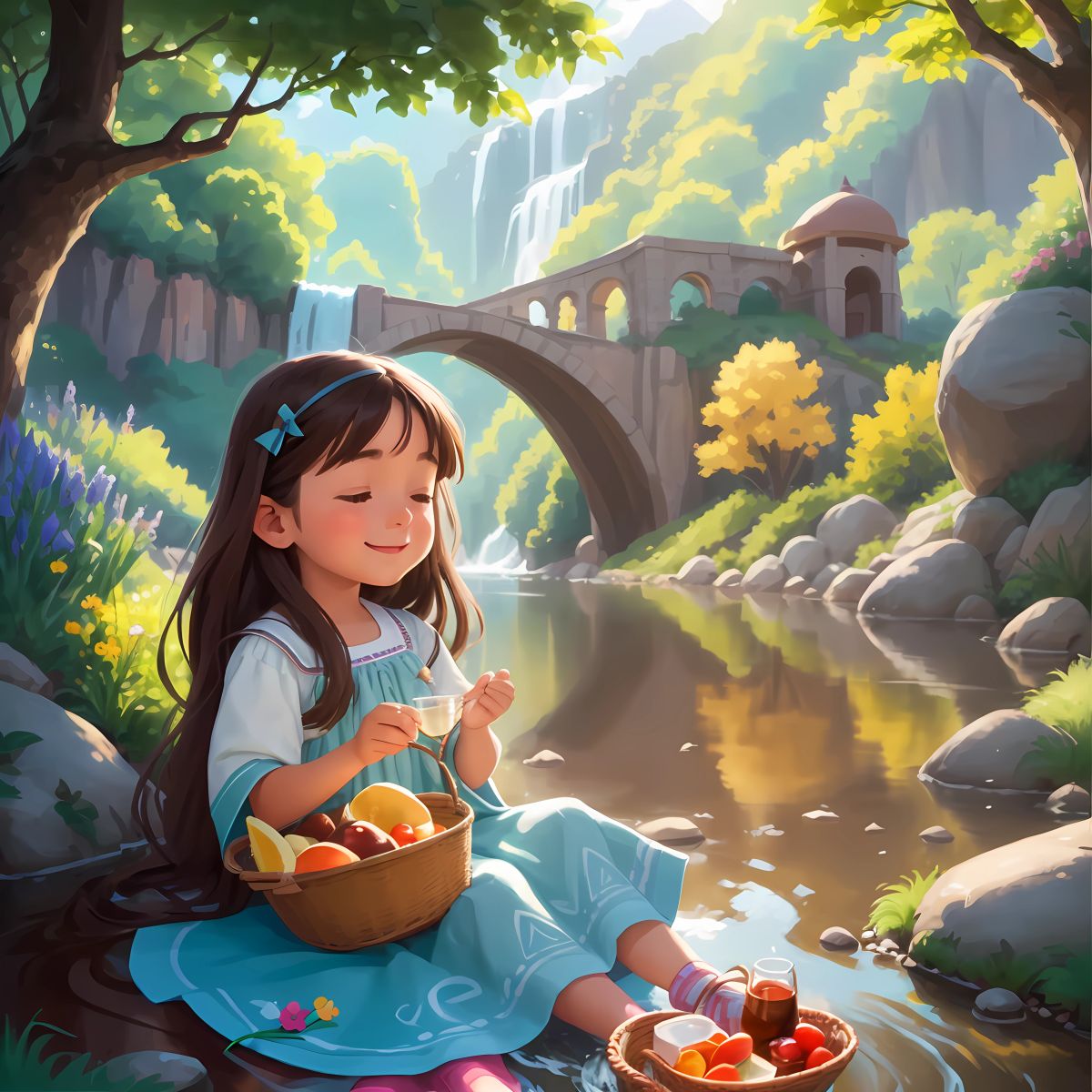 Picnic by the River: Julia and her newfound friends enjoying a delightful picnic by a tranquil river, surrounded by laughter, the soothing sound of flowing water, and a cozy blanket.