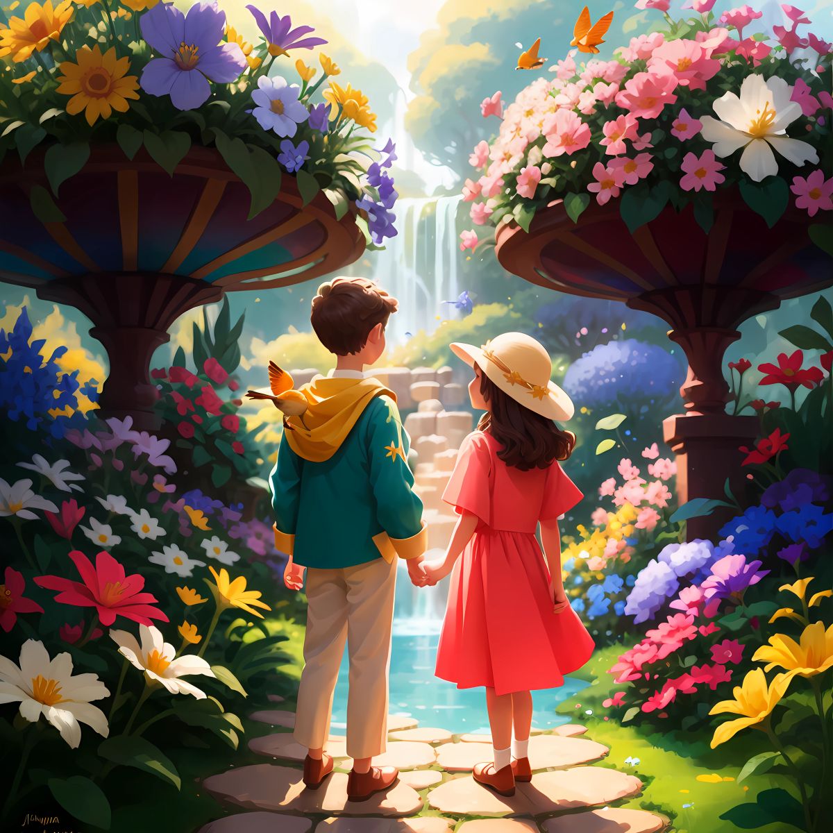 David and El Elyon in a magical garden filled with colorful flowers and playful animals, marveling at the wonders of nature.