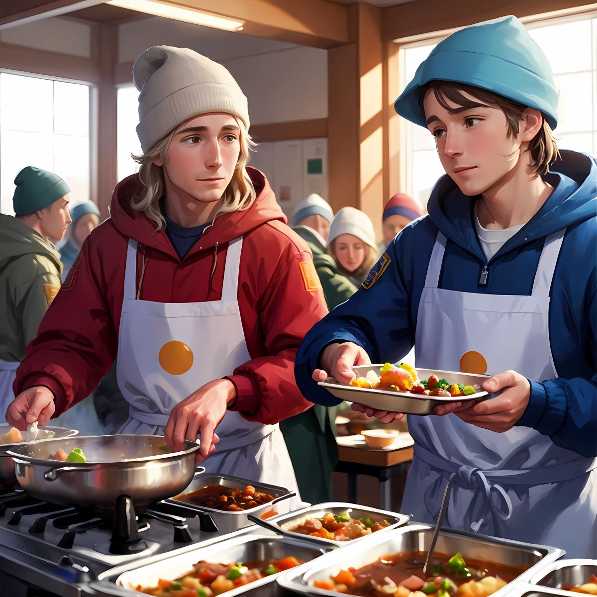 David and El Elyon serving warm meals at a homeless shelter, surrounded by people expressing gratitude.