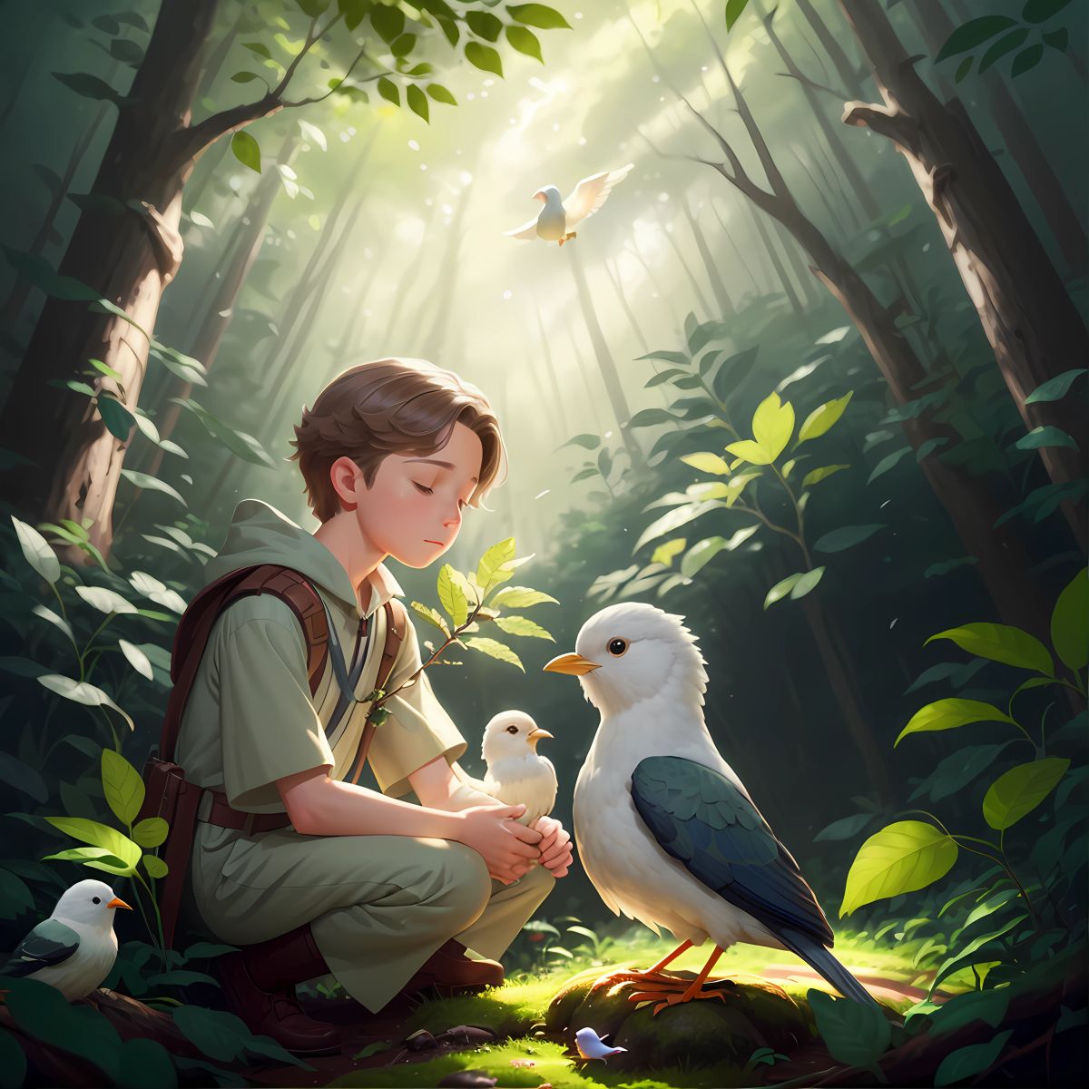 David and El Elyon in the heart of a forest, tending to a wounded bird with a broken wing.