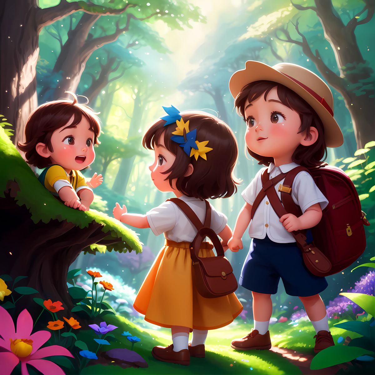 The vibrant and joyful magical forest, with Yazan, Lara, and Layan hailed as heroes and bidding farewell to their newfound friends.