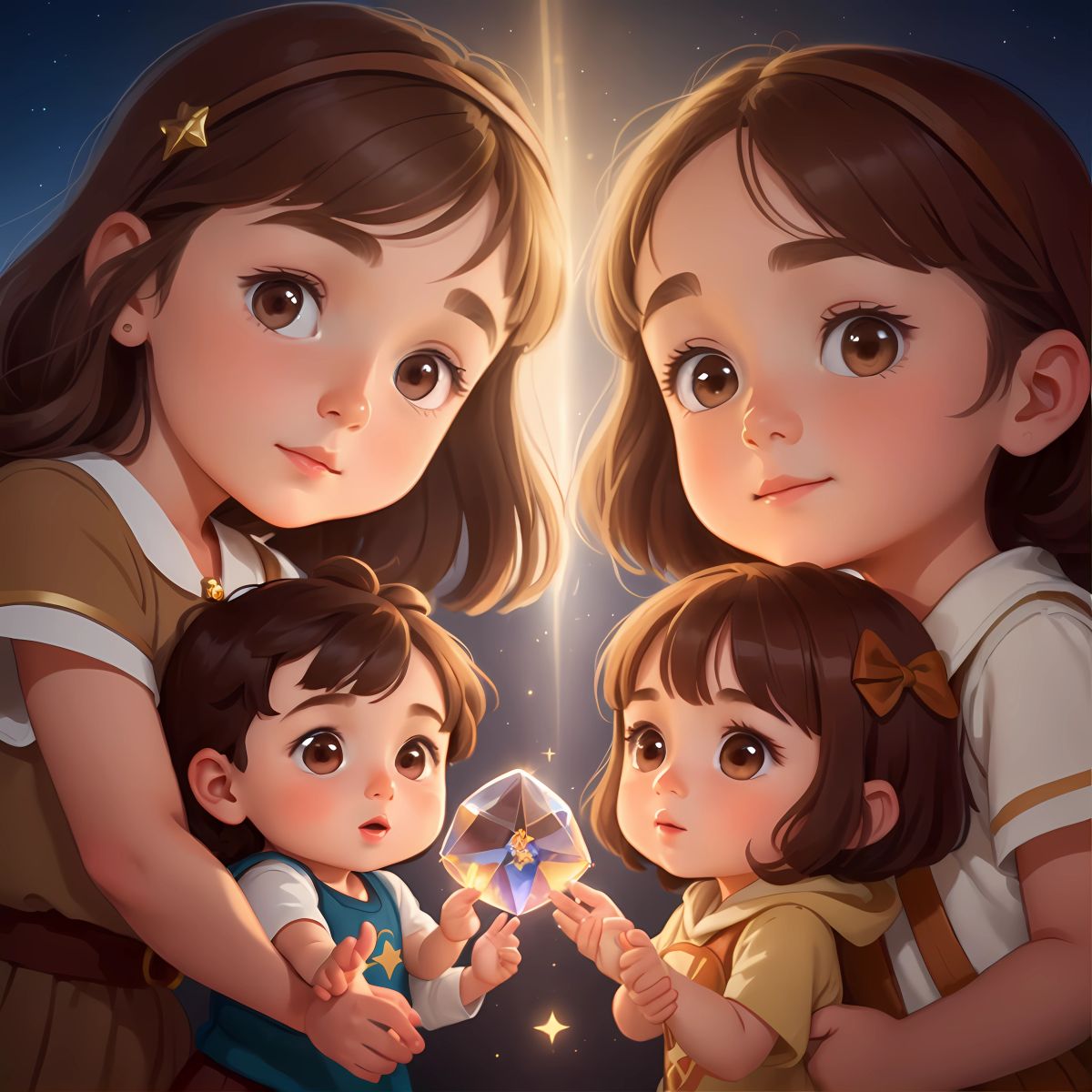 Yazan, Lara, and Layan holding the magical crystals, enveloped in a warm glow, filled with courage and hope.