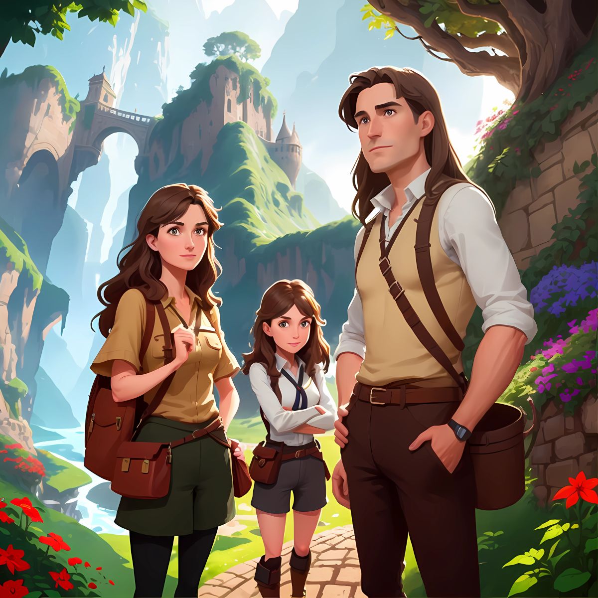 Yazan, Lara, and Layan overcoming challenges such as crossing a rickety bridge, solving tricky riddles, and navigating through a maze of thorny bushes.