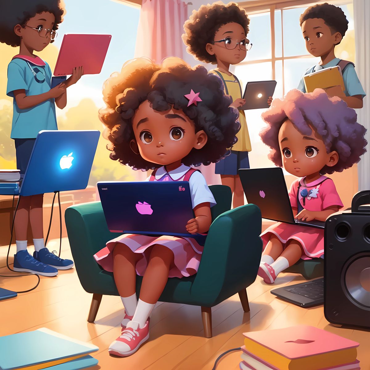 Christina holding her laptop, with her revolutionary app displayed on the screen, as her friends gather around her, amazed by its capabilities.