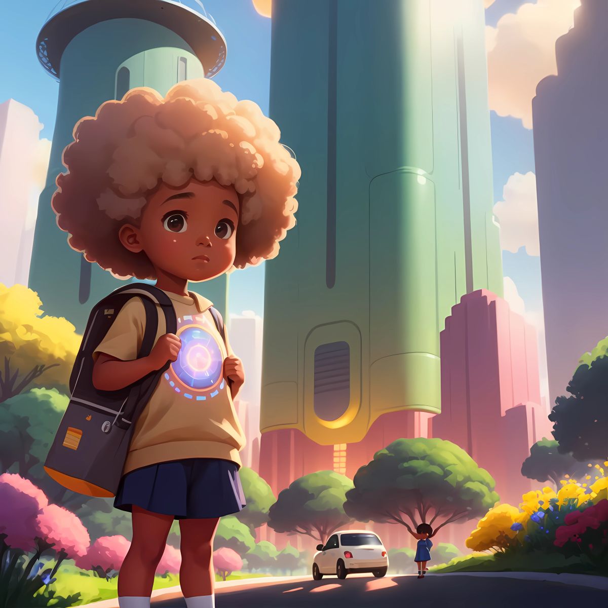 Christina standing in front of a sustainable city, its smart systems optimizing energy usage and championing eco-friendly practices.