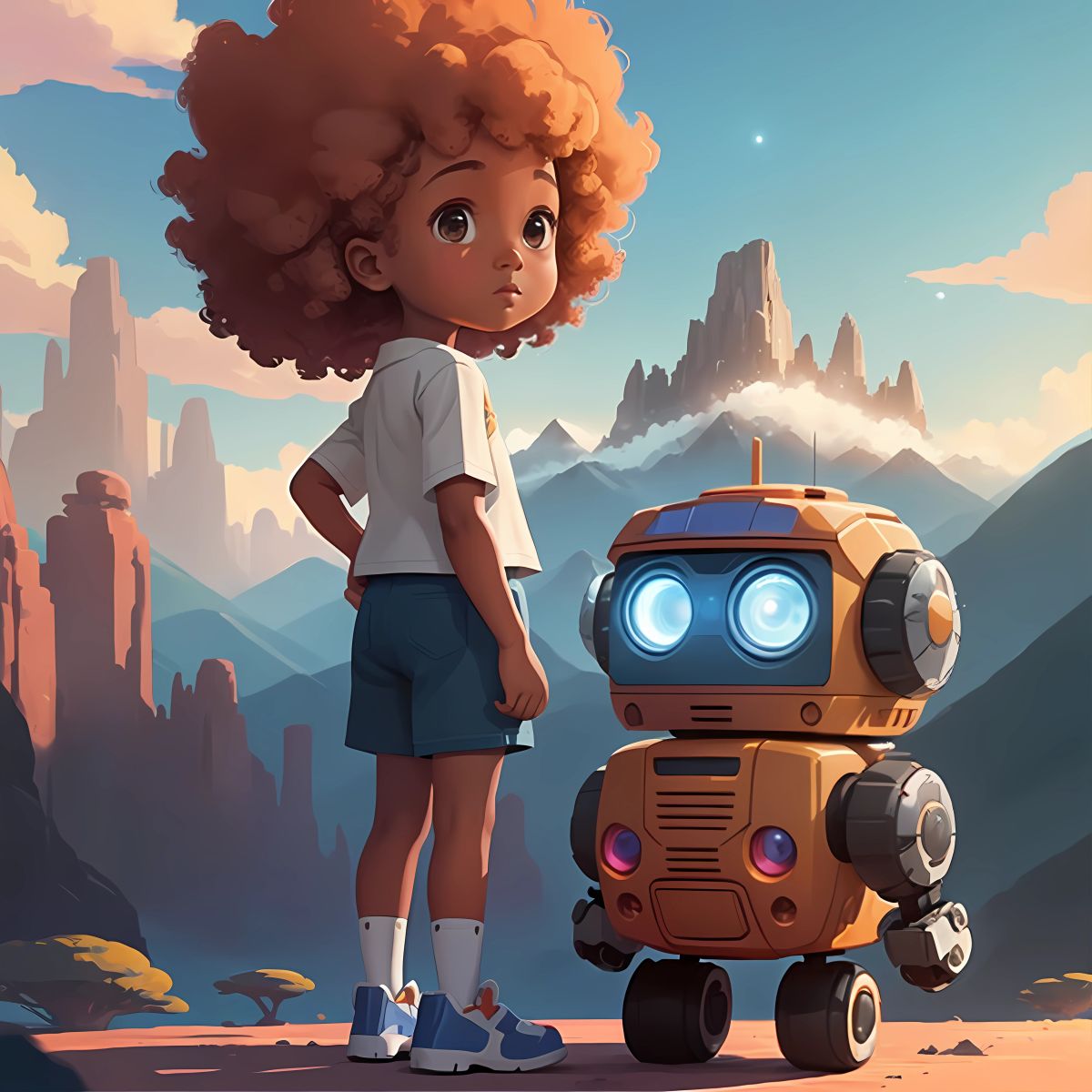Christina standing next to her small but mighty robotic companion, Robo, in front of a backdrop of towering mountains.