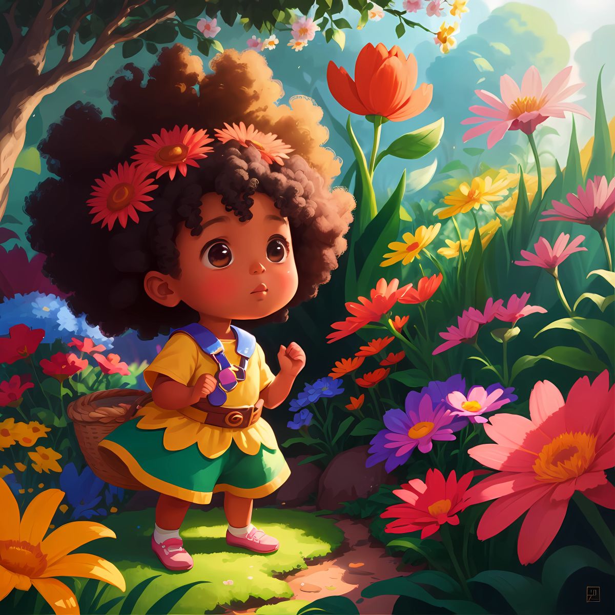 Christina surrounded by a vibrant garden, its flowers whispering secrets and animals conversing in a language only she can understand.